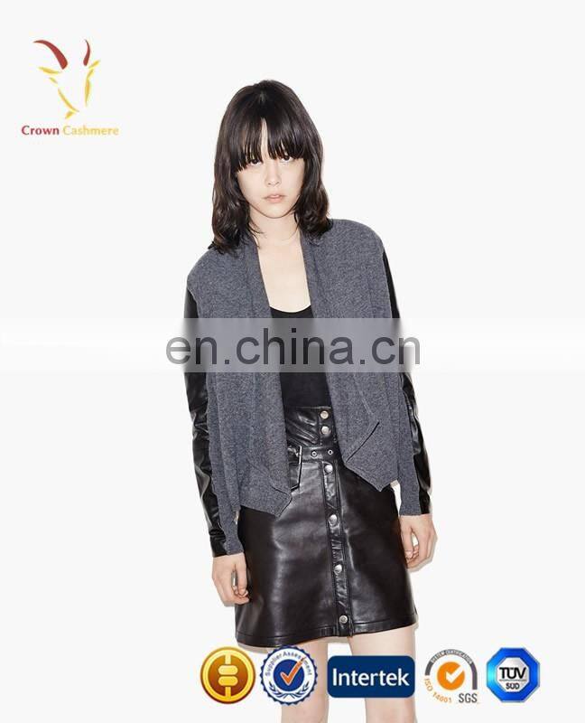 Woolen Female Cardigan Sweater with Leather Sleeve