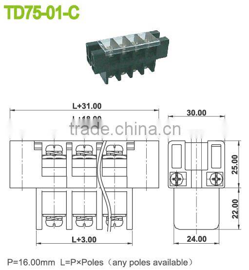 Pitch 16.0mm 600V 75A Through Panel Terminal Connectors electrical wire connector