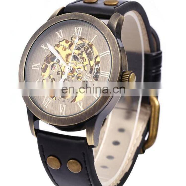 Shenhua 9269 Men Vintage Bronze Automatic Mechanical Skeleton Wristwatch Men's Leather Strap Mechanical Watch
