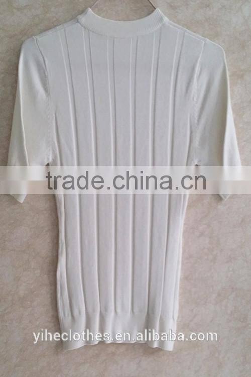 Simple little turtle neck knitting wear short-sleeve vertical stripe pullover lady stretch white top