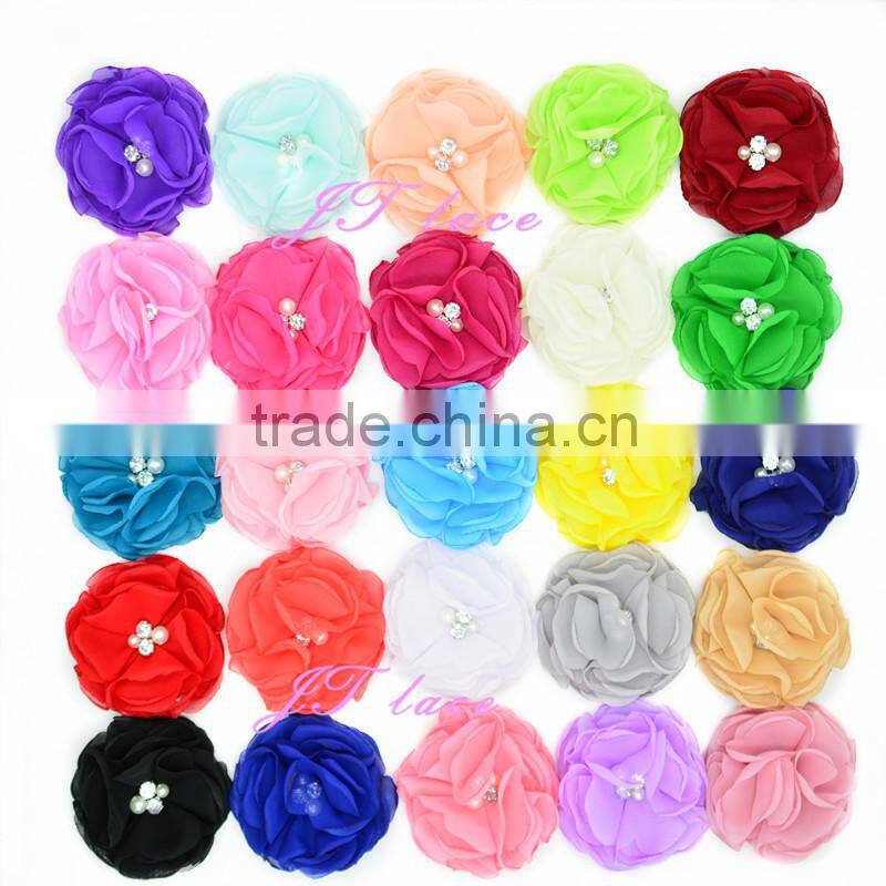 Lavender/hot pink/aqua/red fabric flower - shabby flower with 2 small pearl and 2 small rhinestone centre