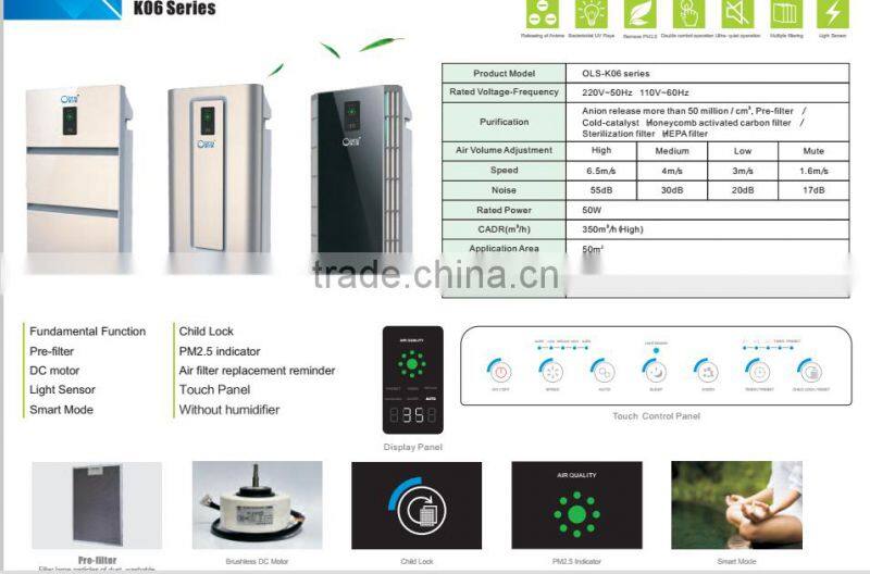 Certification authority/smart home HEPA Air Purifier air humidifier with negative ion OLS-K06B/ AUTO speed adjust