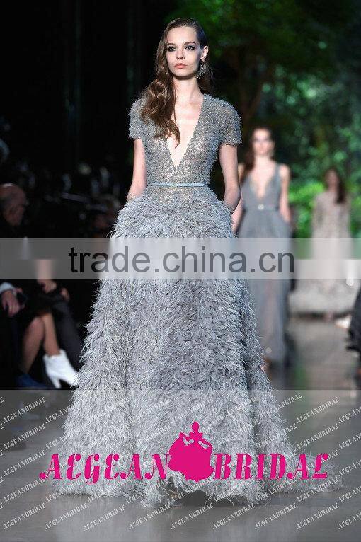 E31 Formal V Neck Short SLeeve Beading Upper Body Ostrich Feather Evening Dresses