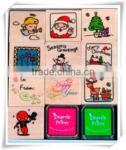 colorful wooden stamp and stamp pads
