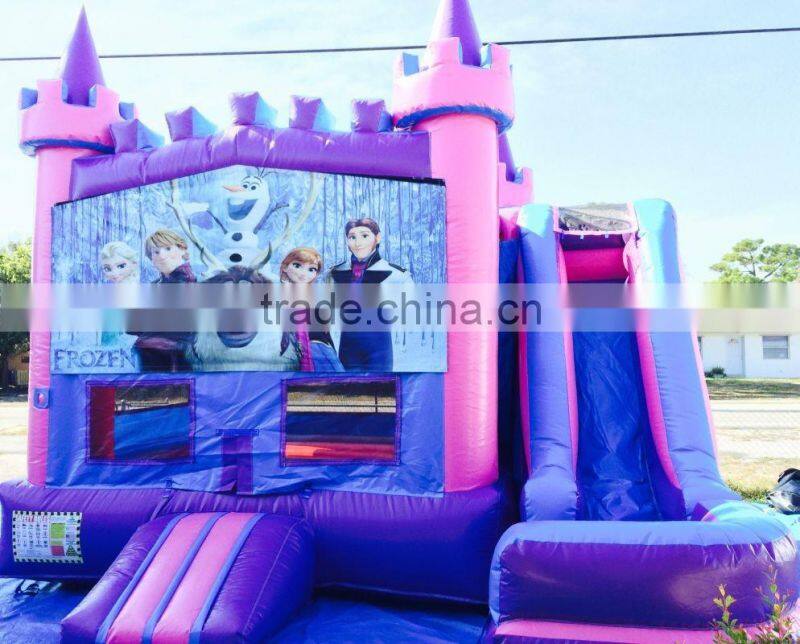 Frozen commercial bouncy castles, 3 in 1 purple and pink air trampoline for child