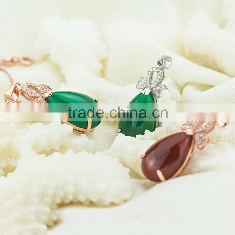 Classic design, 18k real gold plating solid silver necklace fashion jewelry with natural green chalcedony pendant