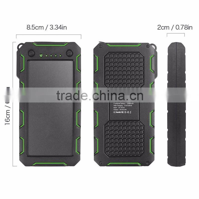 Real capacity 15000mah waterproof solar cell power bank portable charger for iphone xiaomi power bank