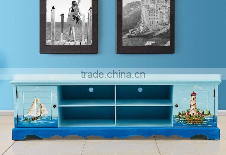 Mediterranean Style TV Cabinet, Sailing Boat Handpainting TV Stand, Solid Wood Living Room TV Cabinet (BF01-X1156)