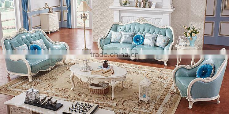White color solid wood frame blue genuine leather 1+2+3 sofa set