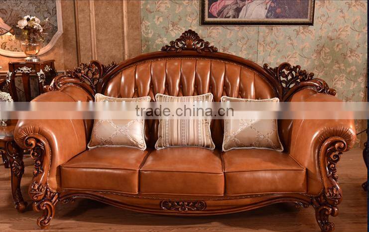 Luxury Chinese style solid wood double hand carving genuine leather sofa set