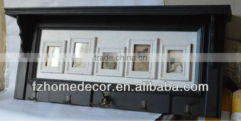 Antique Wall Shelf With 5 Picture Photo Display and 5Hooks