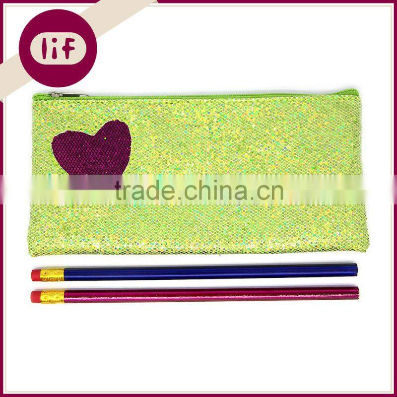 Novelty Flat Glitter Pencil bag, With Heart Glitter Pencil Bag, Shinning Pencil Bag