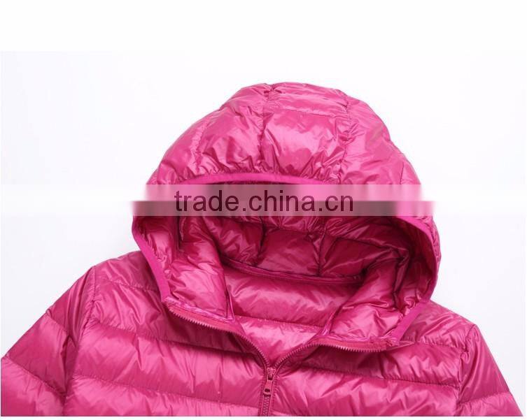 2016 customized manufacture fashionable winter thin ladies down jacket with hoodie