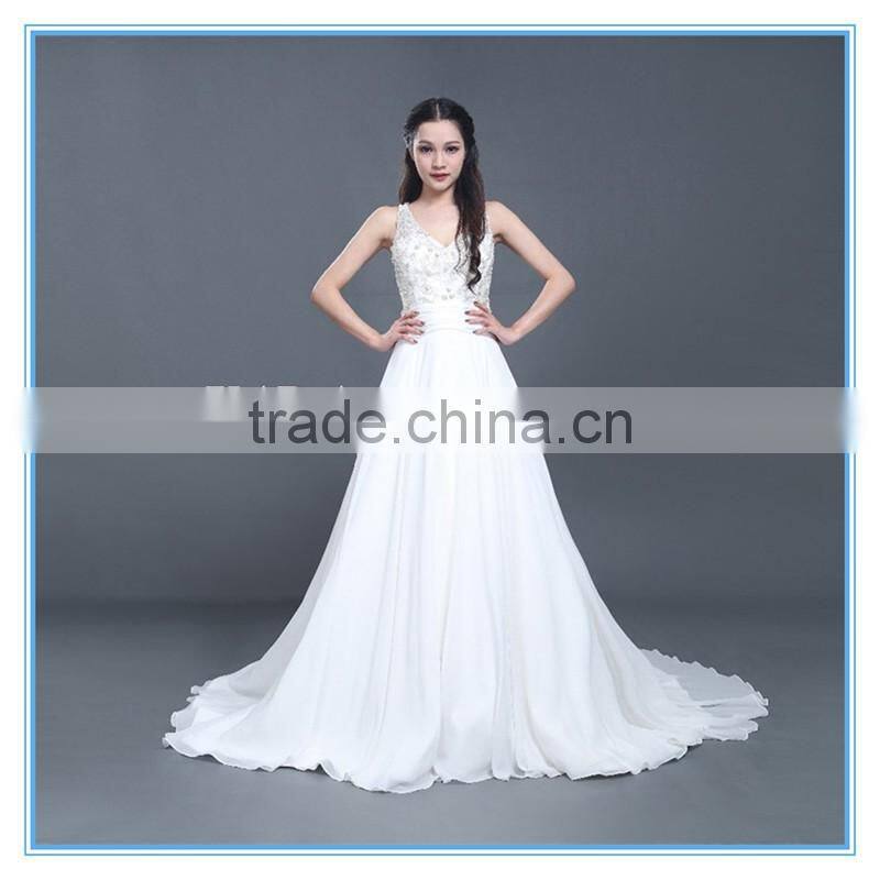 Holy Chiffon V Neck Hand Beaded Long Train A Line Bridal Wedding Dress For Wedding