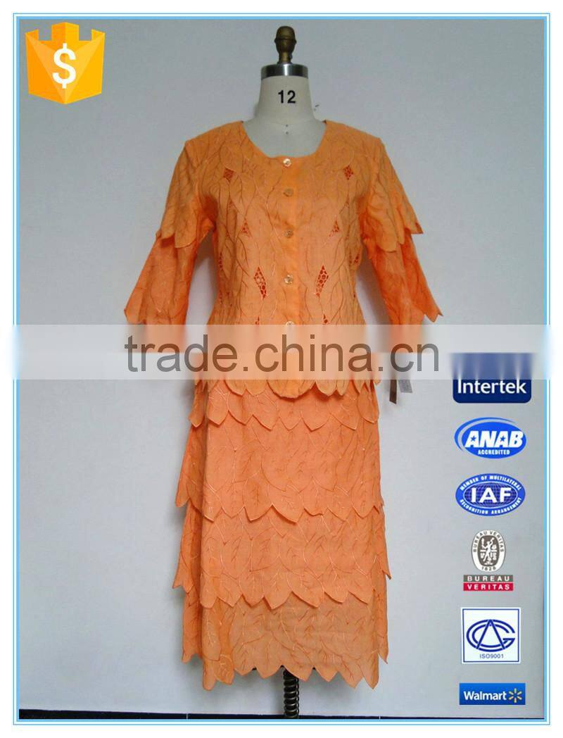 New design round neck church handwork embroidery ladies suit design
