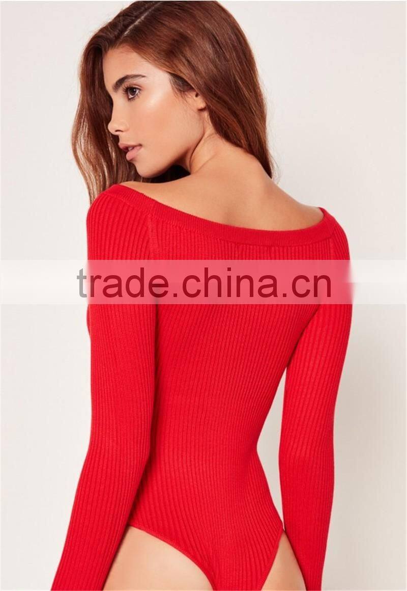 MGOO High Quality Long Sleeves Bardot Bodysuits Slash Neck Cold Shoulder Tops Women Tops Rib