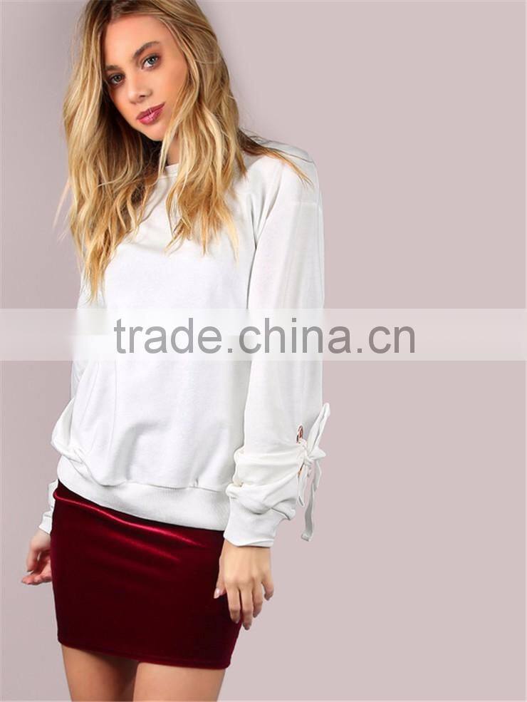 MGOO Plain White Women Sweatshirt Long Sleeve Blank Eyelet Ribbon Tie Pullover Ivory
