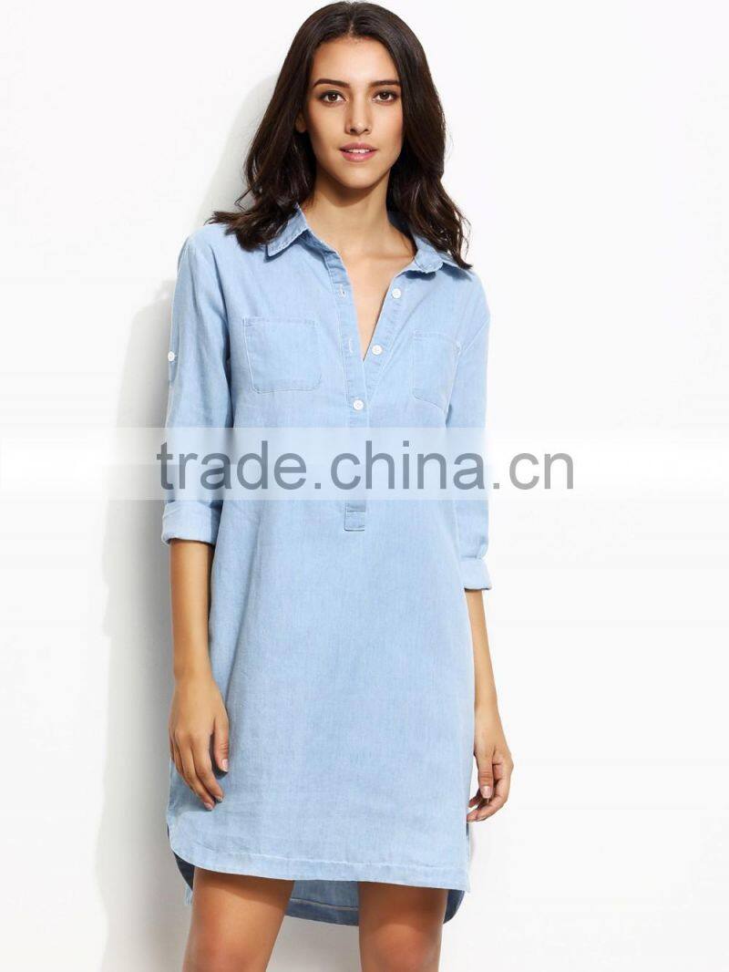 Blue Roll Tab Sleeve High Low Denim Shirt Dress With Pockets On Chest Casual Short Dress With Buttom