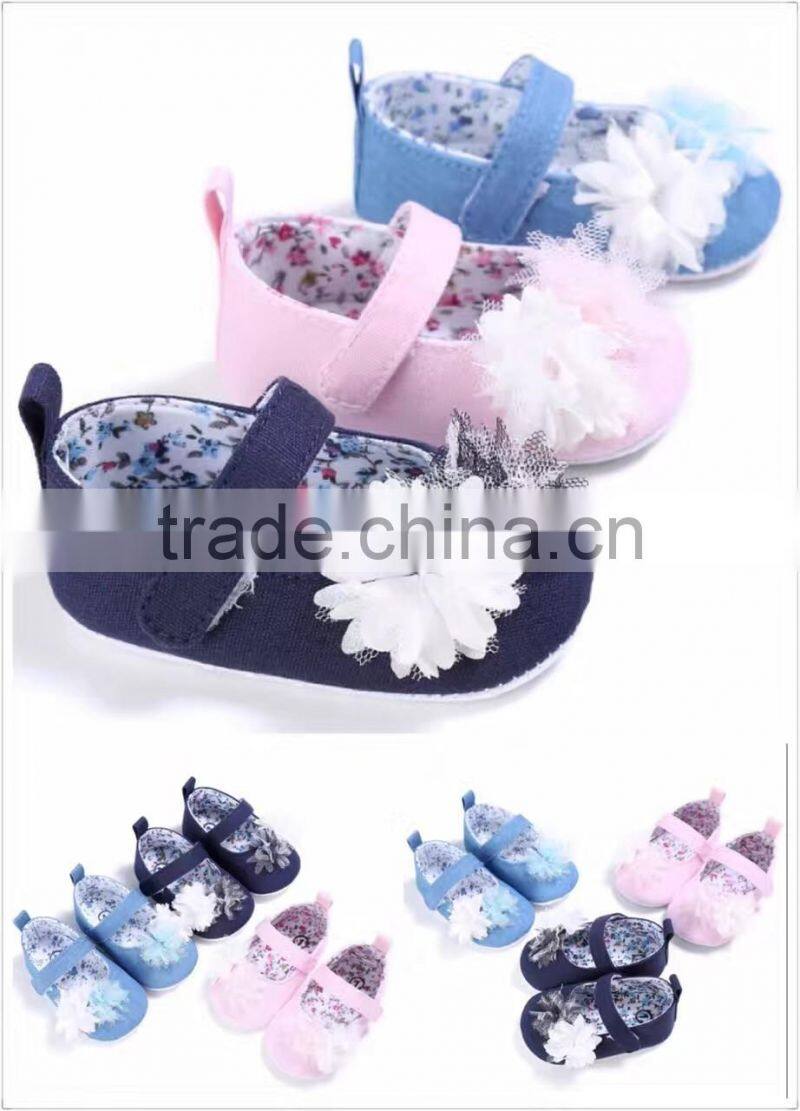 2017 denim applique gauze flower shoes for little infant 3-12M