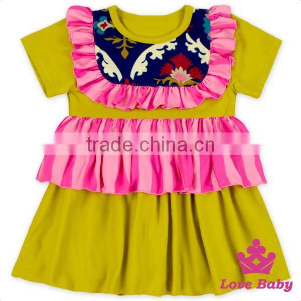 Soft Cotton Stitching Ruffle Baby Tops One Layers With Printed Fabric Short Sleeve Shirts