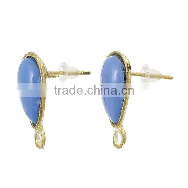 Earring Findings Ear Studs Teardrop Light Golden Blue Acrylic Rhinestone & Loop 19.5mm x 16mm,10 Pairs