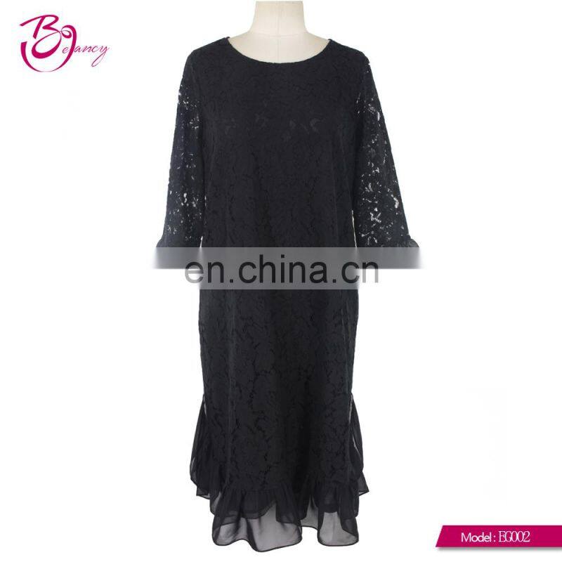 2017 Latest korea style black color elegant lace Three quarter sleeve party dress evening wear