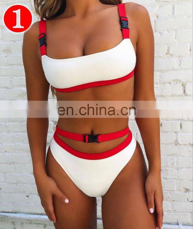 RST new fashion style ribbed high waist bikini custom logo bikinis 2020 women swimwear beachwear buckle swimwear