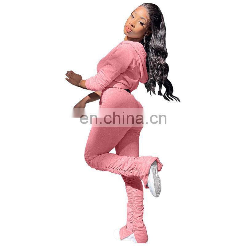 Wholesale custom women's suits Western style Solid color Sweater Folds Pocket jacket with hat Sports pants suit Hooded