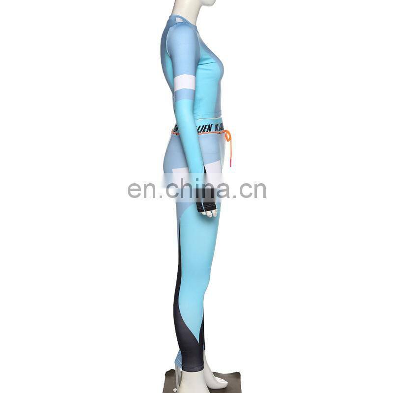 Wholesale printed fitness sportswear yoga suit ladies 2-piece long sleeve crop top leggings sportswear suit