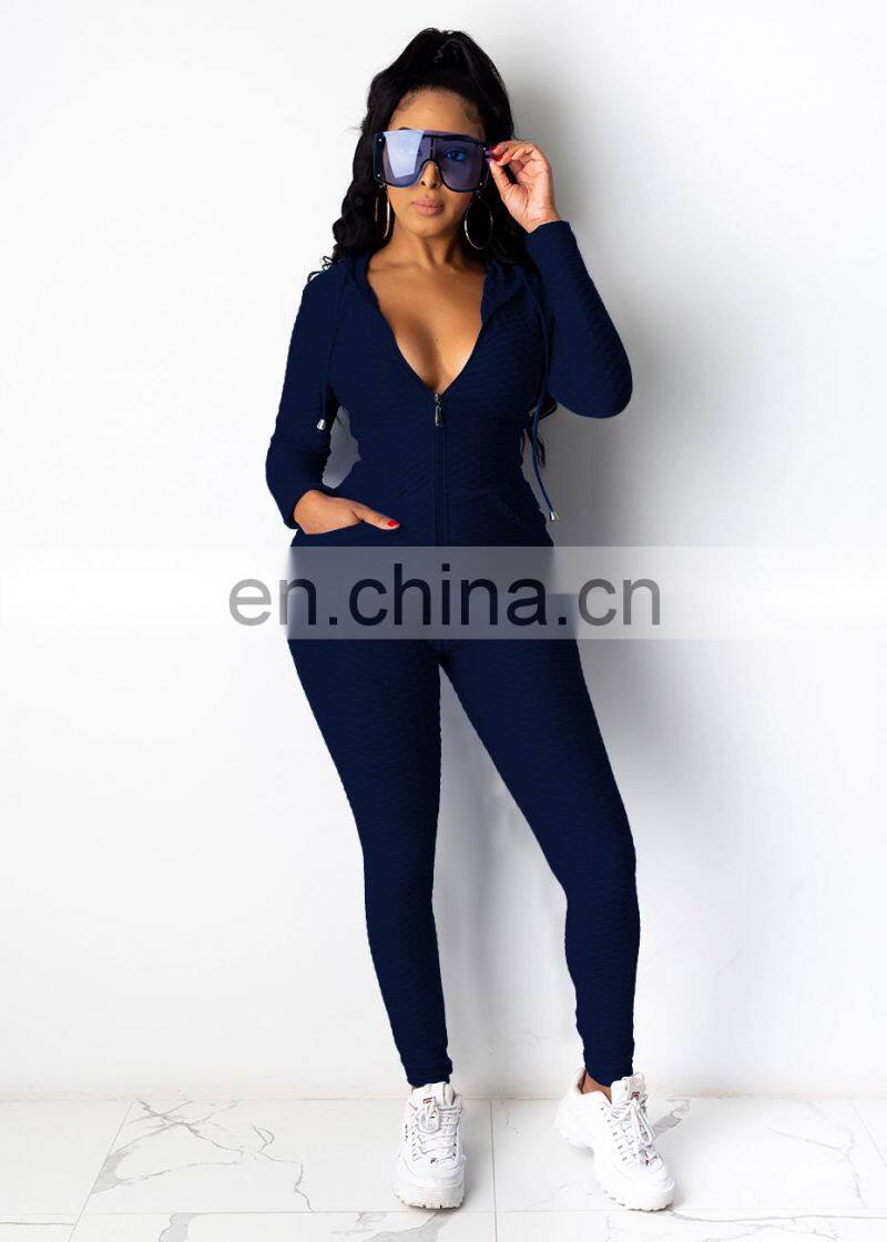 Wholesale solid color hooded tops and pants two piece set with zipper fall winter women's tracksuit in multi colour
