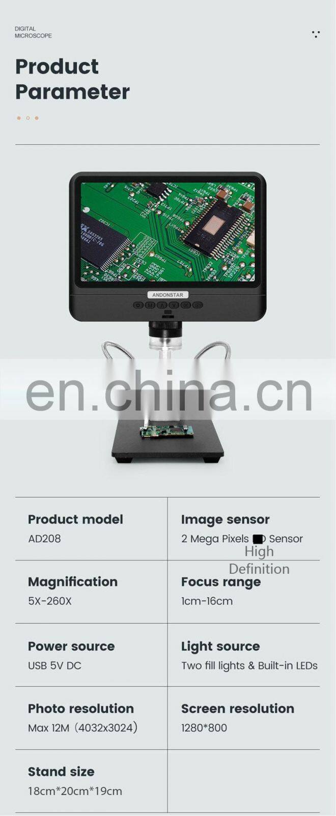 Andonstar AD208 5X-260X 2MP USB Digital Microscope with 8.5" LCD 1080P For Repair PCB Soldering SMD