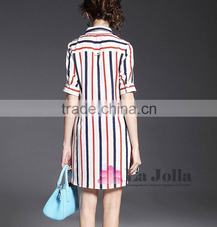 Lastest Summer Long Style Colorful Stripes Short Sleeve Blouse 093