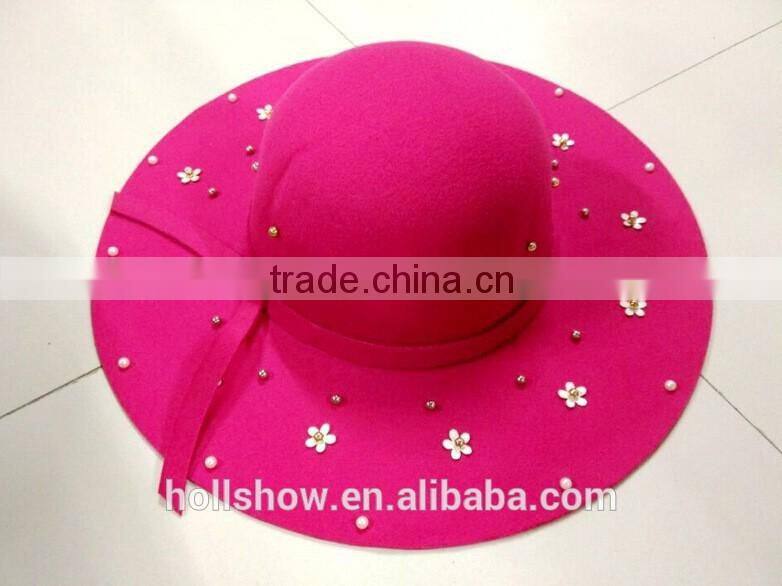 Fashion Women Flower Pearl Beaded Large Brim Trilby Fedora Hats with Ribbon