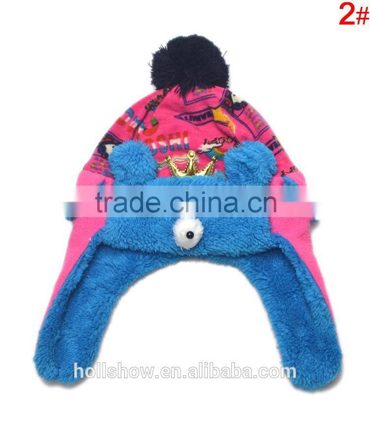 Fashion Warm Crown Fleece Bear Knitted Pom Pom Kids Earflap Hat