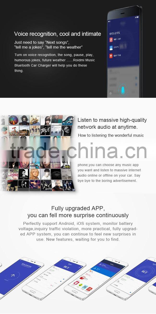 Roidmi wholesale multi-function Fashional Design Bluetooth 2 port wireless usb Electric car charger with output 5V 2.4A 2nd gen