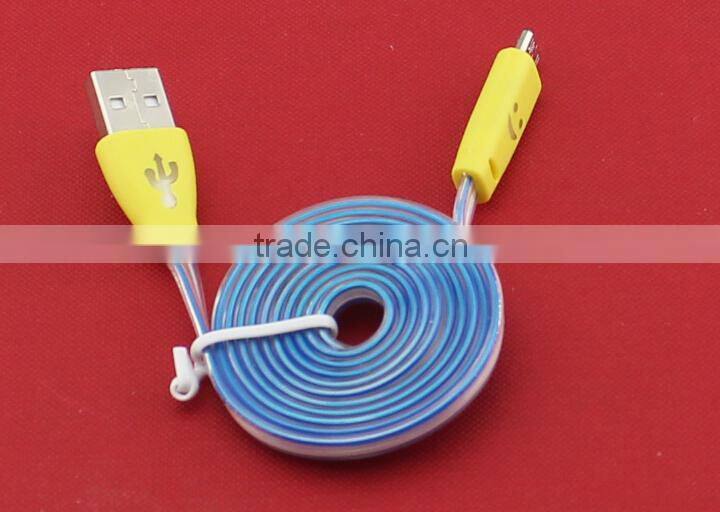 Mix Color Flashing Visible Luminous Smiling Face Micro USB Cable LED Glow Sync Data Charger Cables, Noodle Cables for Samsung