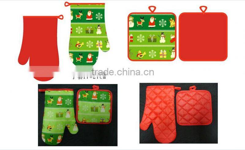 Christmas design printed cotton twill oven mitts gloves microwave oven mittens with golden trimming
