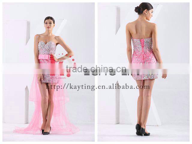 Heavy Handmade Off Shoulder Detachable Deep V-neck Beaded Real Short Front Long Train Prom Dresses