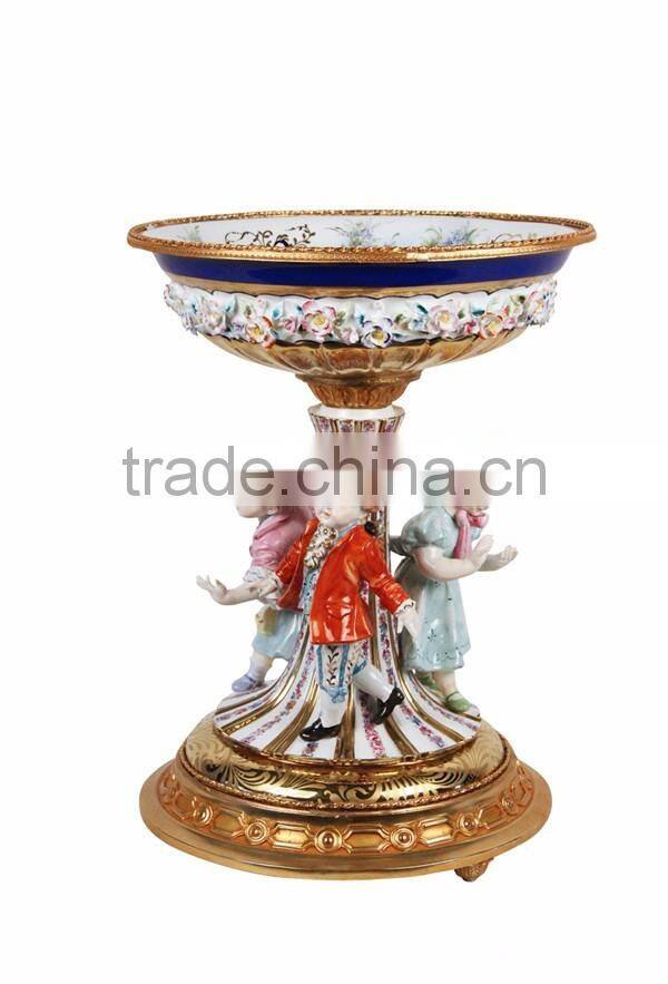 European Design Ceramic Planter of Children Playing Under The Base, Floral Painting Porcelain Compote and Brass Figurine Status