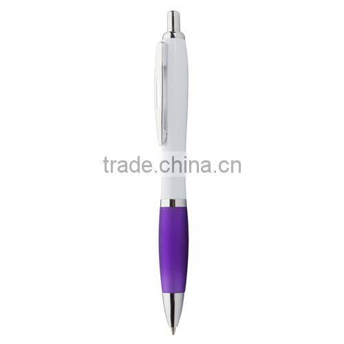 Popular white promotional pen with coloured rubber grip ans shiny chrome parts