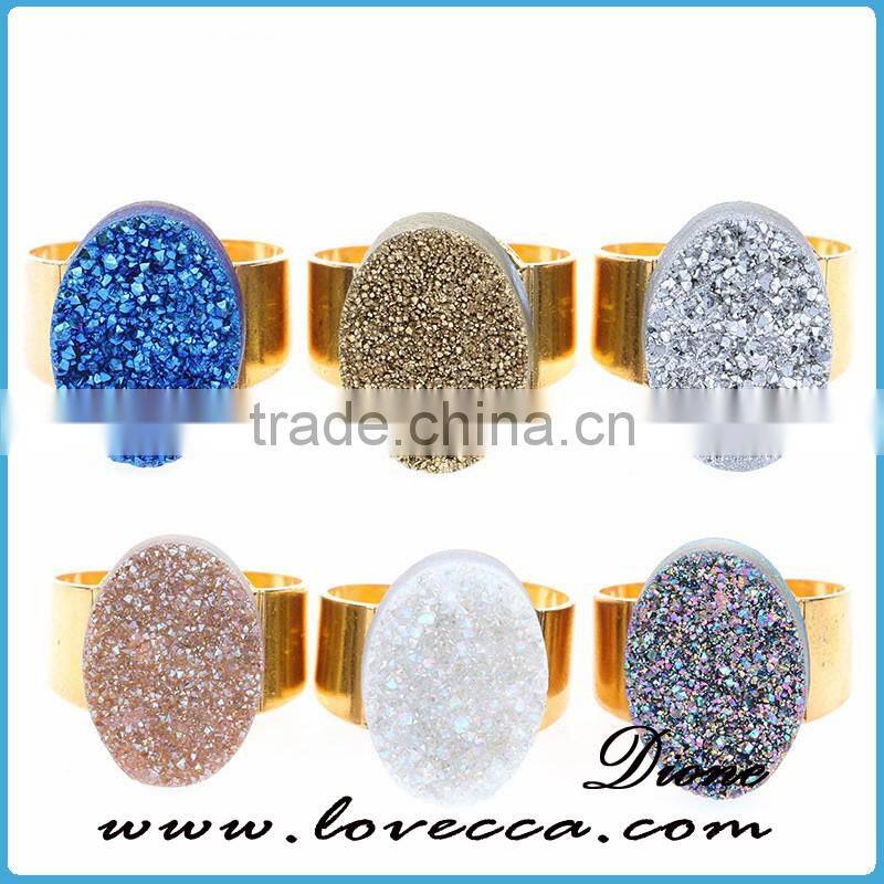Hot Sale Adjustable Round Natural Druzy Natural Stone Anniversary Ring