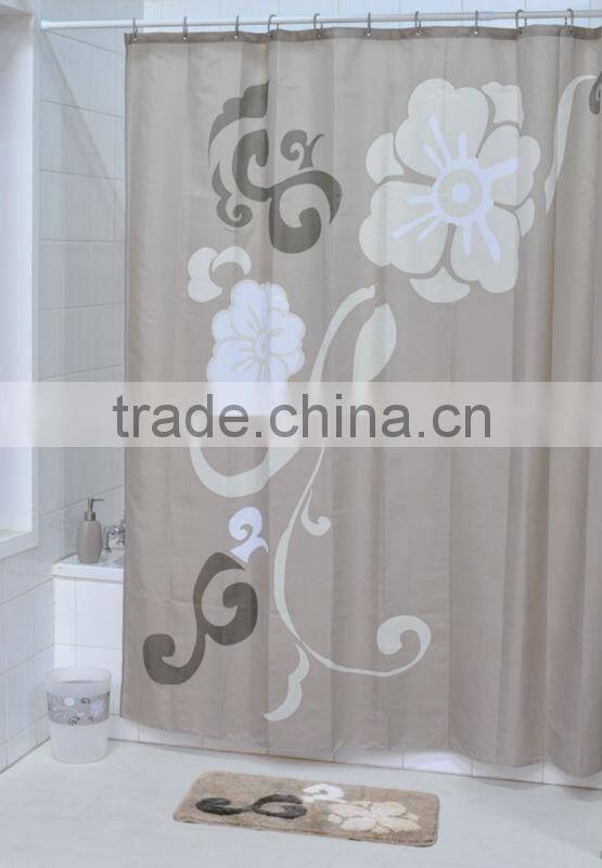 Printed fabric shower curtain and bath accessory