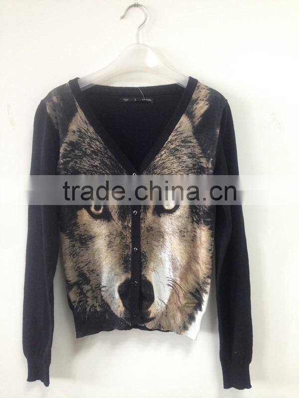 Women's V-neck no hand feeling reactive printing 100% cotton cardigan sweater