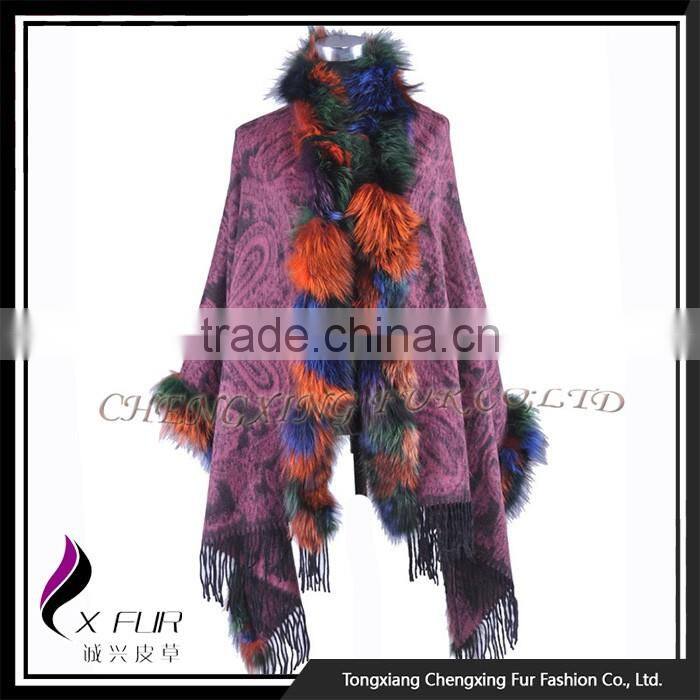 CX-B-P-48D Fashion Indian Cashmere Pashmere With Rex Rabbit Fur Shawls Hand Made