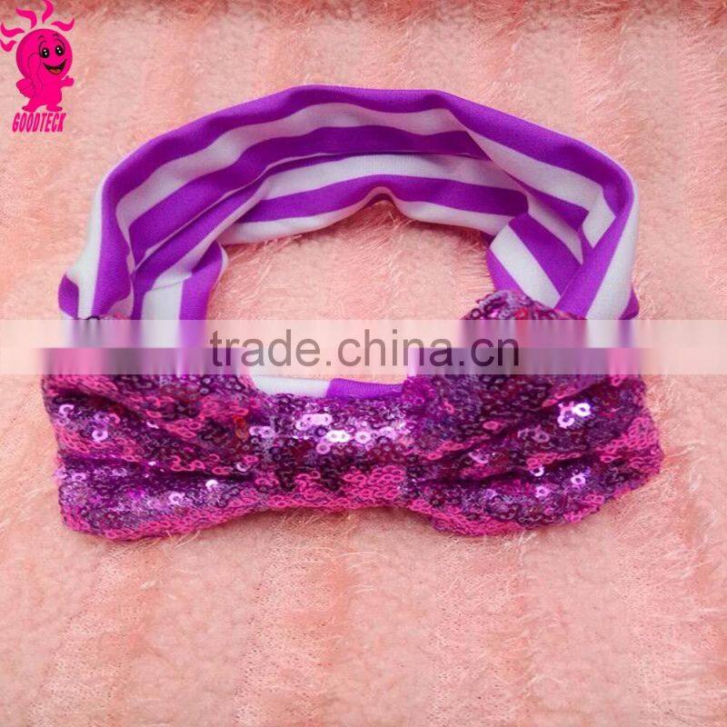 Retail Big sequin Bow with Stripe Headbands kids Turban Headwrap for Girl Big Bow Top Knot Headband
