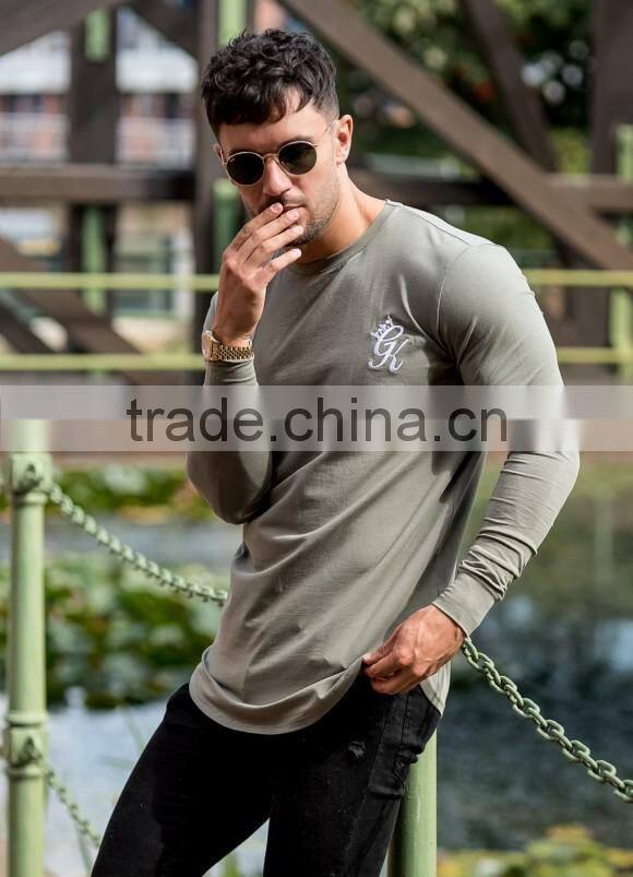 2016 Hot Sale Men's Long Sleeve Curved Hem T Shirt 96% Cotton 4% Spandex Longline Gym Fitted T Shirt OEM Long Drop T Shirt