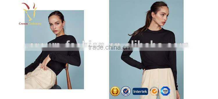 Merino Wool Women Black Crew Neck Sweater