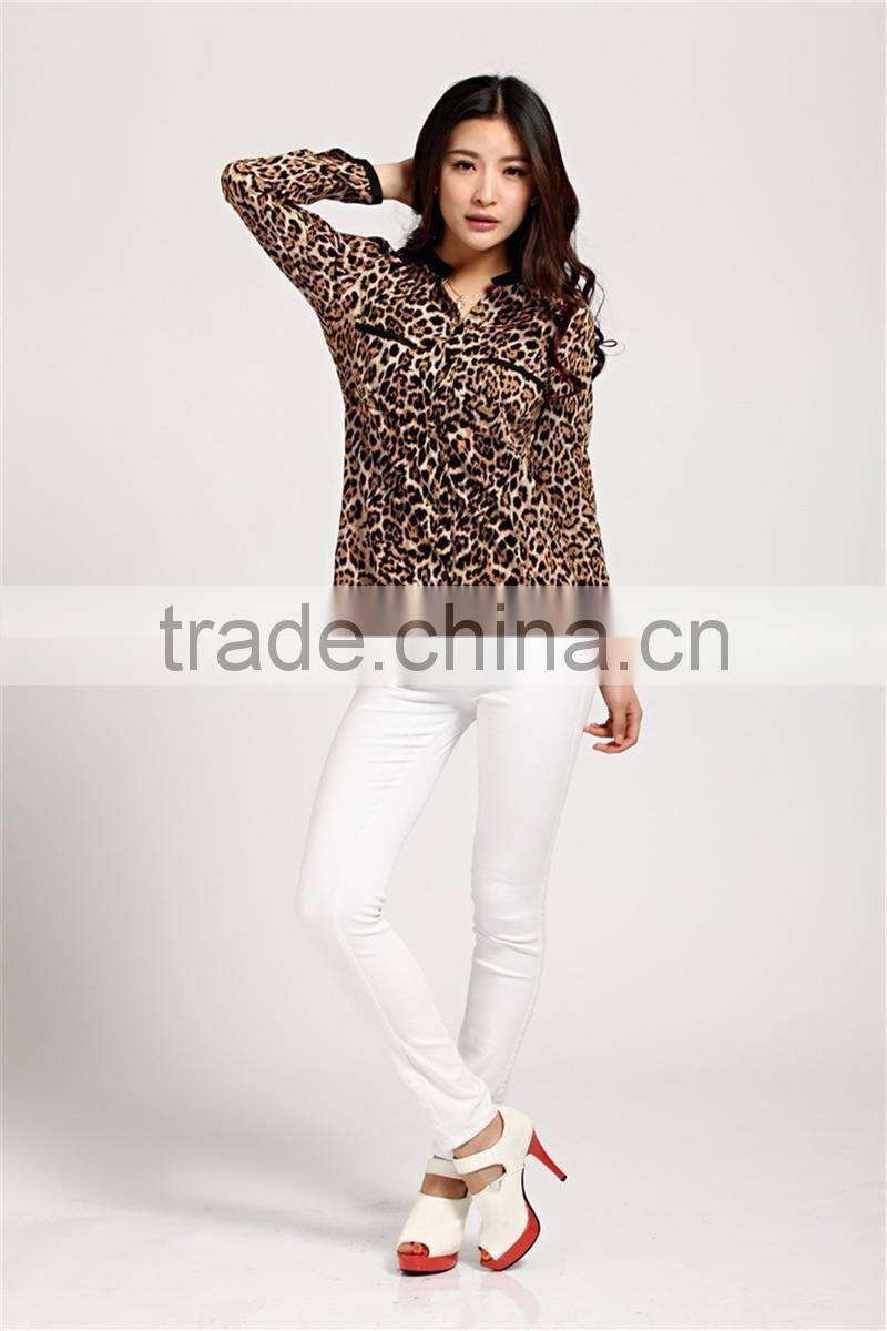 2015 Women Blouse Leopard Print Shirt Long sleeve V -Neck Top Loose Blouses Plus Size Chiffon Shirt