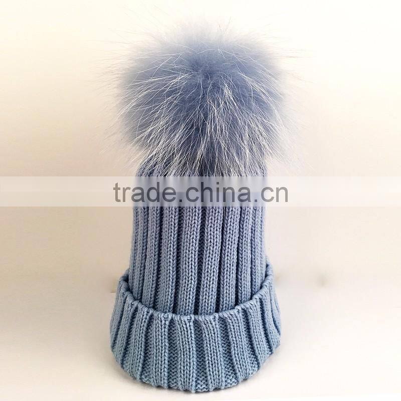 Myfur Wholesale Raccoon Fur Pom Pom Adult Couple Knitting Beanie in Sky Blue