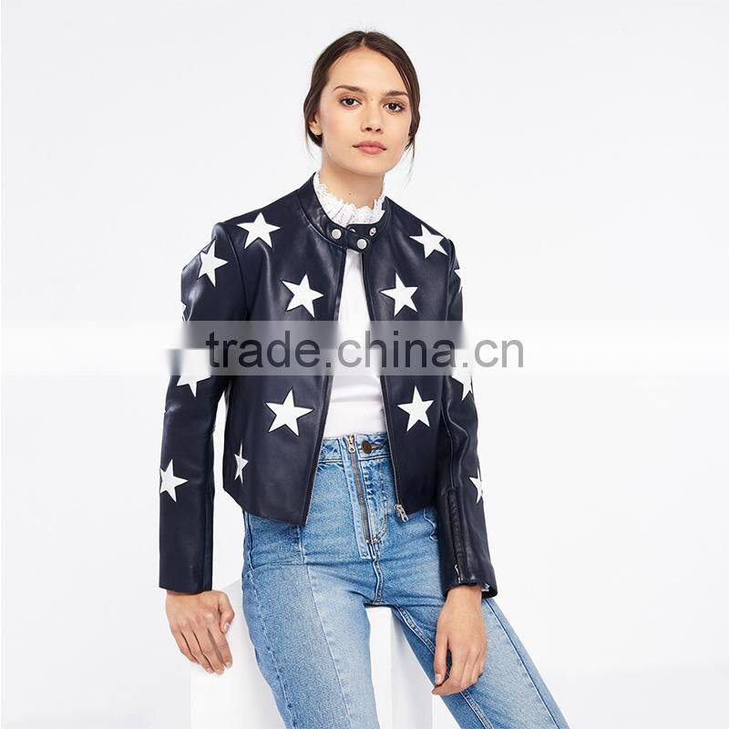 Fashion contrasting coloured stars cropped leather jackets for women